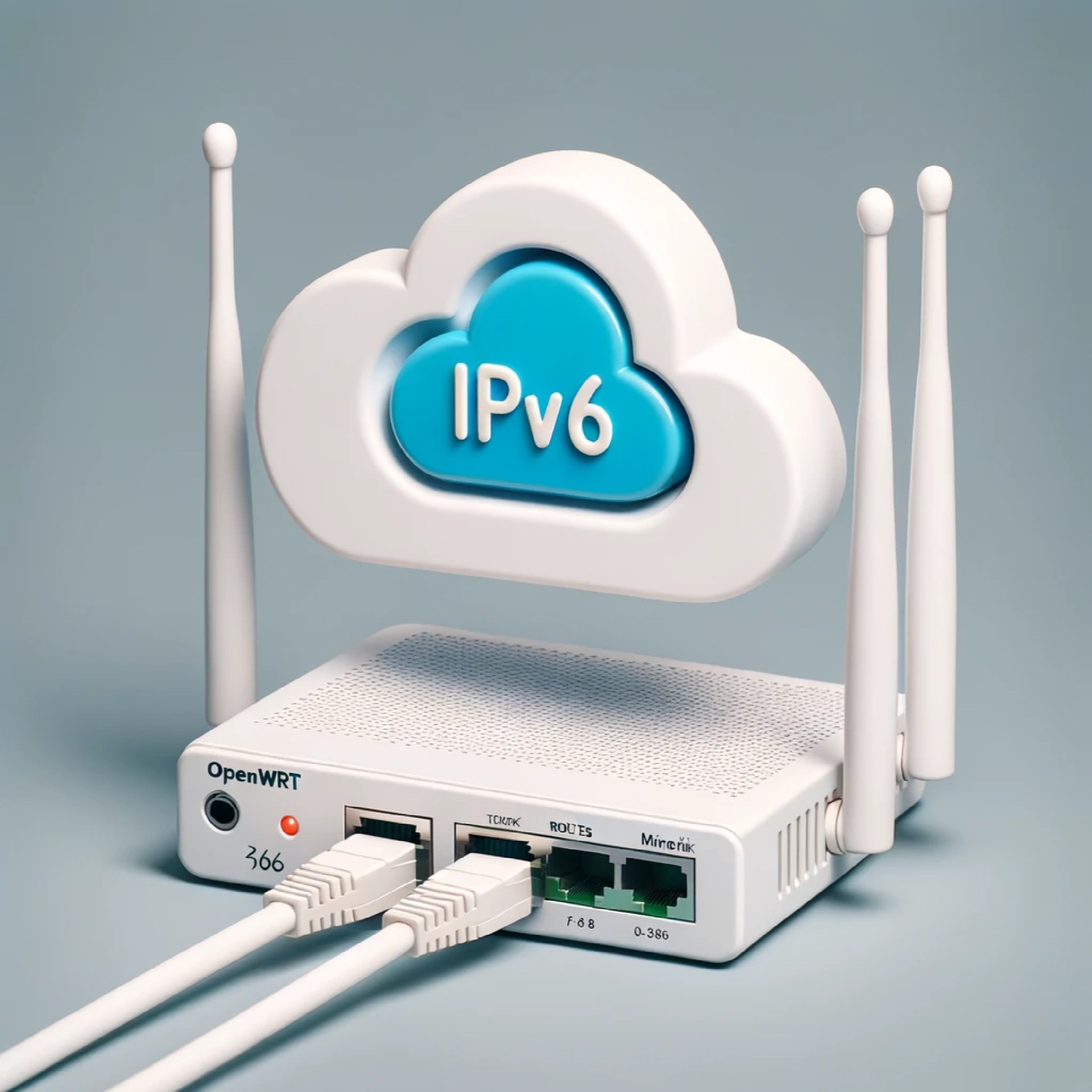 DALLE - photo of two routers connected by a cable. One router has a label &lsquo;OpenWRT&rsquo; and the other &lsquo;Mikrotik RouterOS&rsquo;. Above them is a cloud symbol with &lsquo;IPv6